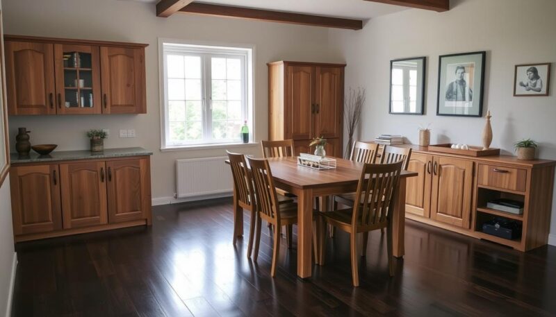 Dining room with dark wood floors and oak cabinets